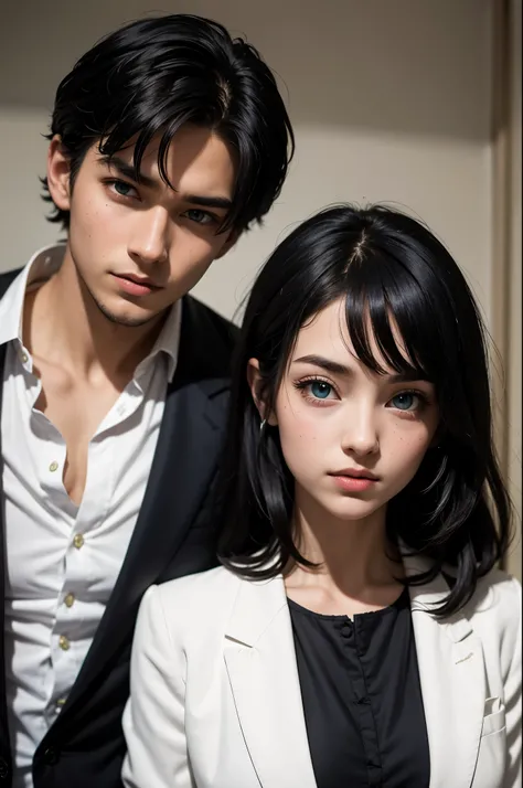 Young white woman with a 20-year-old appearance, green eyes and black hair, wearing a black dress, accompanied by her white boyfriend with blue eyes and black hair, who is wearing a black suit