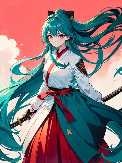 A girl, long hair, ((katana)), miko, red eyes, ((teal color hair)), ((long skirt)), stand, white shirt, red skirt