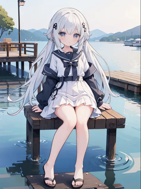 Anime girl sitting on the pier，In the background is a pond, perfect white haired girl, Splash art anime , Anime visual of a cute girl, White-haired god, Curvy little loli, white hair girl, anime style 4k, gray hair, anime long hair girl, White-haired, cute...