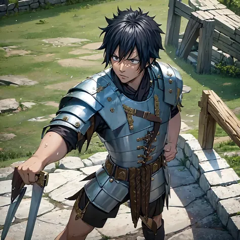 a man wearing armor, holding sword in his right hand and a shield in his left hand, on a Roman training ground, hair black.