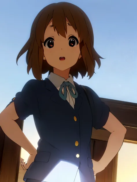 1girl, (((​masterpiece))), top-quality, top-quality, High Details, hirasawa yui, 1girl, Sakuragaoka High School Uniform, student clothes, Sports uniform, two-yellow hairpin, short hair, A brown-haired, brown-eyed, 独奏, reddish, thin blue ribbon, Solid white...