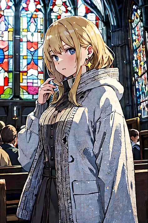 one girl, medium hair, blonde hair, lots of earrings, Knitted cardigan with long hood, Dimly lit church, Beautiful large stained glass windows, Star-shaped stained glass, super high quality, super fine details, 超detailedな背景, more_detailed:-1, more_detailed...