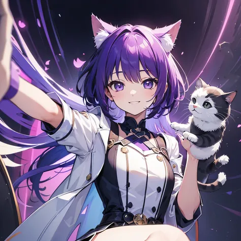 (T Masterpiece，4k wallpaper，best quality))、((girl１people))、(solo)、Brilliant，(purple hair)、(shortcut:1.3)、smile、Cat