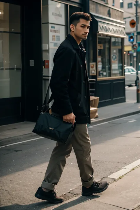 A man walks with a bag on the side.