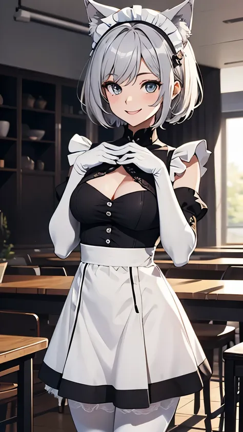 table top　High level image quality　best image quality　8K　 adult woman　sexy　portrait　pure white long gloves（elbow gloves）　Pure white pantyhose　maid（sleeveless）　mini skirt（I can see your pants）　white wolf ears　short hair（（shortcut）（gray hair）（perm）（fluffy））　...