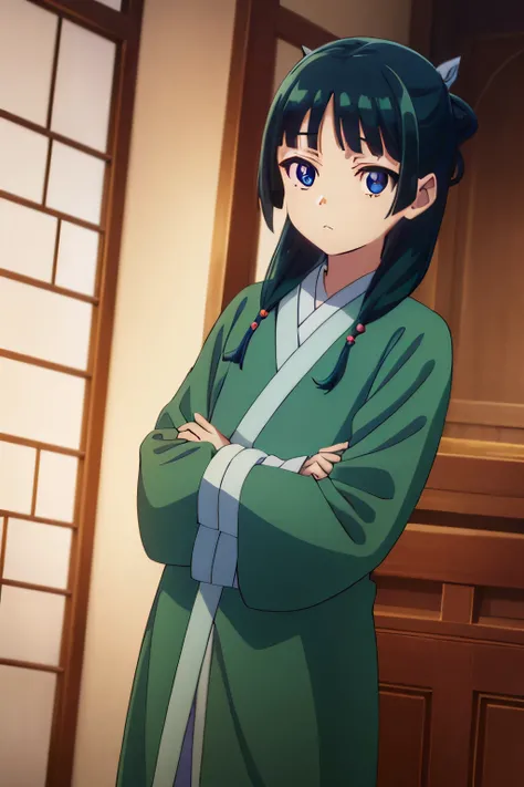 kusuriyaMao Mao, Mao Mao, long hair, bangs, blue eyes, hair ornaments, green hair, blunt bangs, freckles, bun hair, single bun hair,
break japanese clothes, robe, green robe, long sleeve, wide sleeve, in the same way, red in the same way,
break indoors,
br...