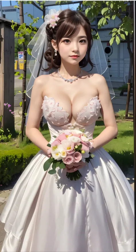 (((Pixel perfect, Perfect details))), alone, 1 girl, yuigahama yui,  Close-up of beautiful bride wearing beautiful wedding dress,Gurwitz, looking at viewer,(bridal veil:1.5），（transparent short veil：1.5），makeup,pink blush，dark blue eye shadow，Blushing face，...