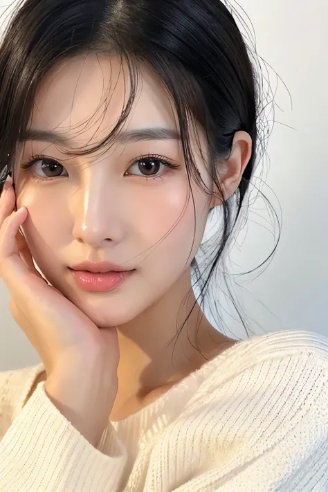 Korean woman in her 20s、white sweater、cute、black hair、clear、white background、The bridge of my nose passed、model、white skin、Shiny skin、bust shot、Crisp double、plastic surgery face、profile、Portrait、long eyelashes、putting his hand on his cheek