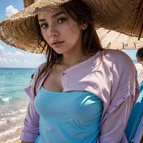 1 woman ((sea selfie, happy)), masterpiece, best quality, ultra-detailed, on the beach, (day), nature, cheerful, looking at the sea, happy, backpack, beach hat, pink shirt small sleeve closed, shadows, contrast, clear sky, style, (warm hue, warm tone: 1.2)...