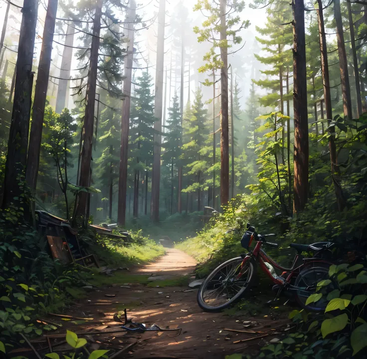 bicycle thrown on the ground, fallen bike, forest in the background, dense forest in the background, abandoned mine