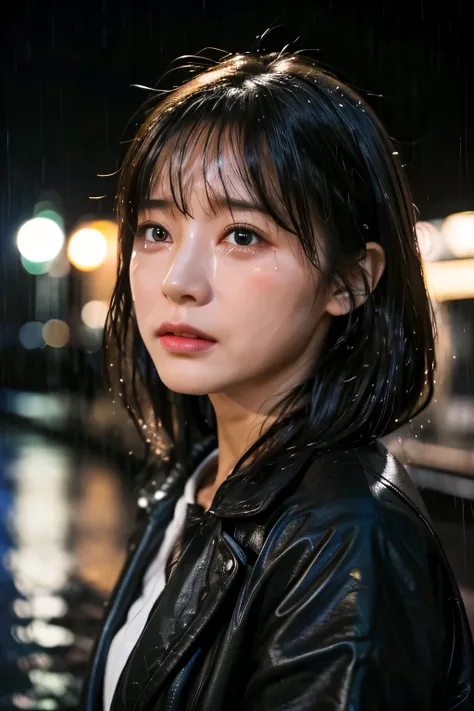 realistic, 想像力豊かなマカオの女性ページの1 girl, highest quality, highest resolution, Super detailed, 16k, movie lighting, (雨のnight:1.4),(night:1.4), (Are crying:1.4),(tears:1.4), 大tears, wet in the rain, wet hair, street lamp light, fine eyes, expression of sadness, te...