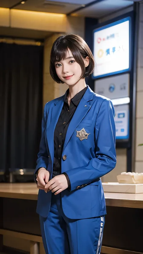 162
Shorthair,  (a 20 yo woman, standing), A hyper-realistic, gentle smile, sci-fi cool suit, (口紅)
