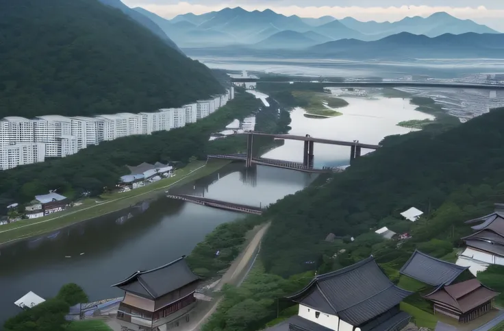 from quite above、map、tourist attractions、clean river、intersecting terrain with a bridge visible、there are no people、yokohama、con...