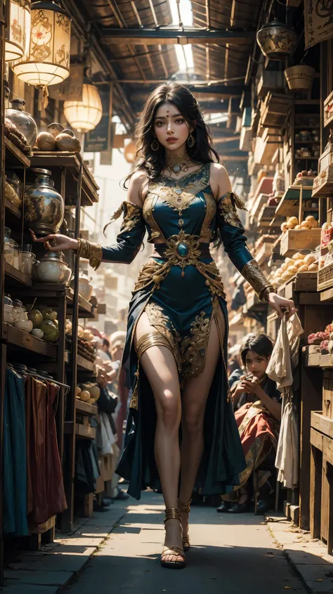 full body circa 1800 fairy tale movie scene beautiful Indian princess in bright colorful airy dress walking in an Indian market long black hair realistic skin texture vivid colors meticulously crafted textures romantic oriental feel cinematic