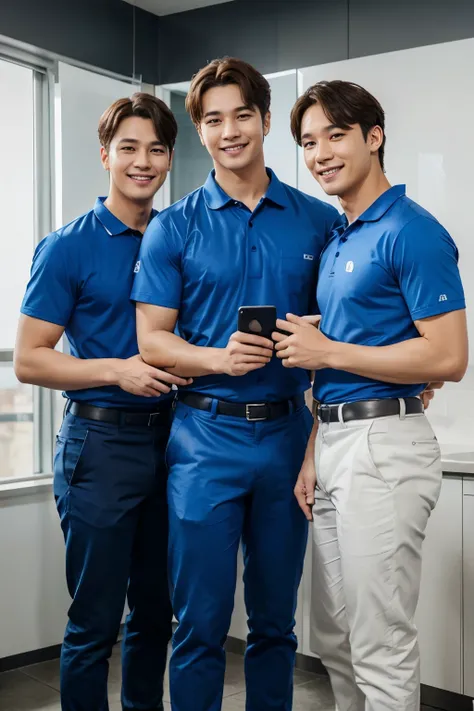 Three male plumbing experts in blue shirts standing politely in a group with their hands in front of them., Product introduction photo, Product introduction photos, The entire device, clean image, advertising image, background image, full body photo, comme...