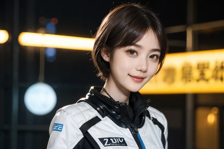 162
Shorthair,  (a 20 yo woman, standing), A hyper-realistic, gentle smile, sci-fi cool suit, (口紅)
