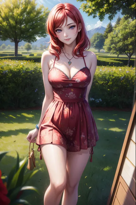 (Masterpiece, Best Quality, High Quality, realistic art), cowboy shot, Nishikino maki, Red hair, purple eyes, volumetric lighting, illustration, beautiful woman, mature, pov, upper body, (camisole:1.1), floral print, cleavage, looking to the side, confiden...