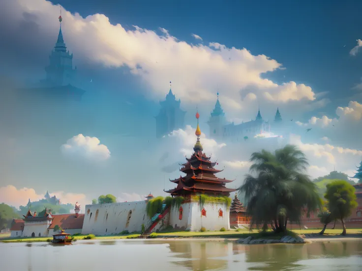 there is a boat that is sitting in the water near a building, red castle in background, myanmar, royal palace near the lake, moat, pagoda, palace floating in the sky, surrounding the city, the red citadel, 4 0 9 6, istock, historical setting, 1450, 1 4 5 0...