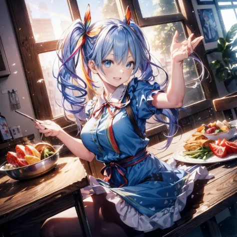 Bento、Bento箱、kitchenアイランド, Large windows with a view of the cityscape、kitchen_apron,(table top:1.3), (8K, realistic, RAW photo, highest quality: 1.4), beautiful face, (realistic face), beautiful and fine eyes, (realistic skin), Charm, intricate details,gol...