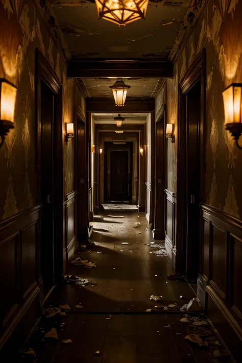 Interior shot of a dimly lit hallway: A highly detailed image capturing the decaying grandeur of a hallway within the hotel, with peeling wallpaper, creaking floorboards, and flickering gas lamps casting long, sinister shadows that seem to reach out and gr...