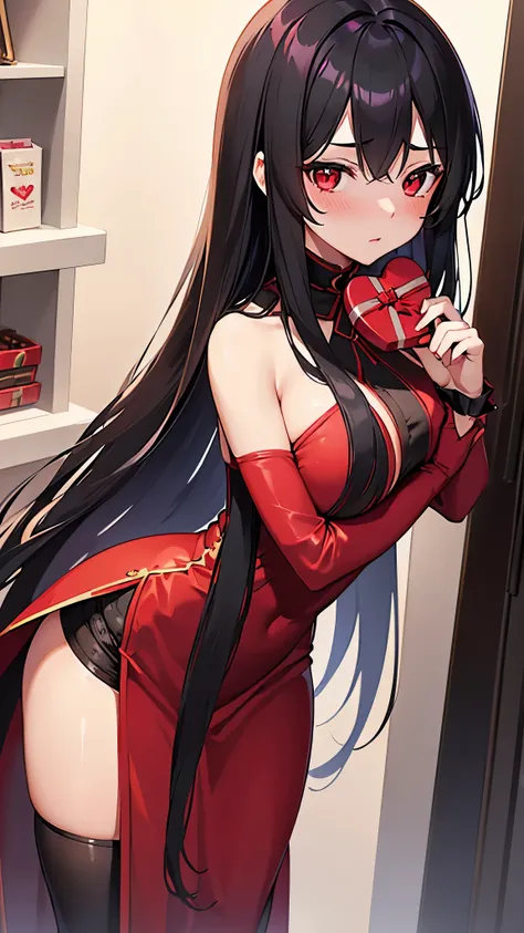 ((holding gift valentine chocolate)), frontal (solo black hair long straight hair femdom girl, 17 yo, bigboobs:1.5, detailed red eyes, blushing), in a nighat dress, show the valentine chocolates, love to, perfect anatomy, break, masterpiece:1.2, best quali...