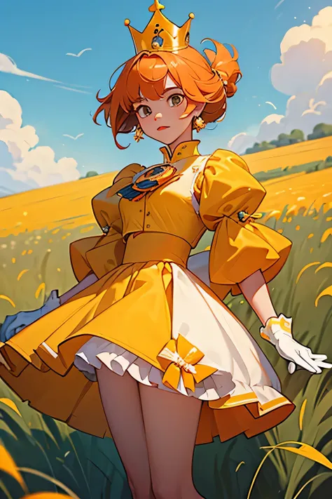 masterpiece,highest quality, 1 girl, cowboy shot, Puff sleeve yellow top and orange skirt, white gloves, Yellow shoes, Crown with orange details, bangs, Grass, In the field,
