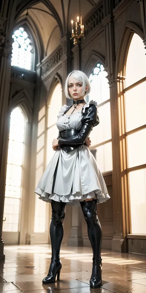 white hair, short bob hair, pinched eyes, thin legs, thin body, leather collar, maid outfit victorian, full body standing symmet...