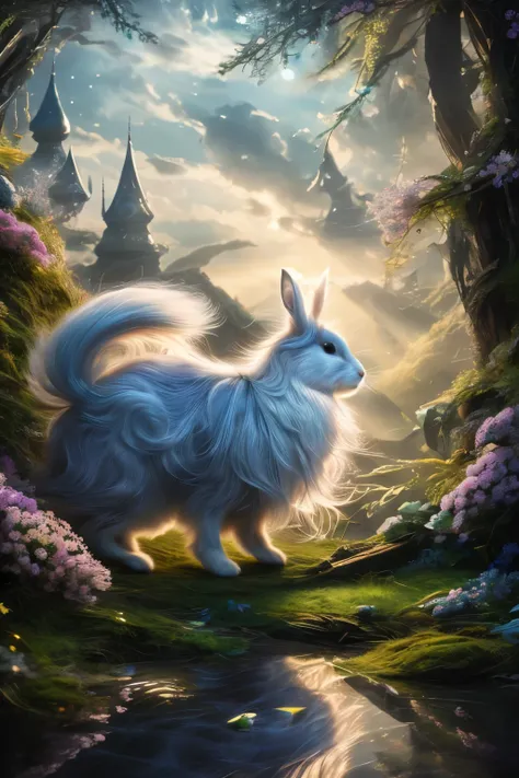 best quality, 32k, RAW photo, incredibly absurdres, extremely detailed, delicate texture, dignified and cute iridescent long-haired rabbit, fantastic, mysterious, magical, fantasy, artwork