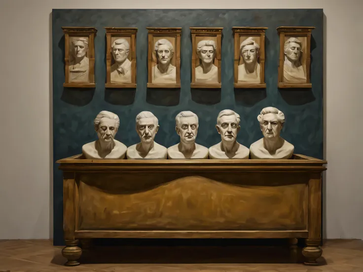 magic pictures, surrealism, vanguard, abstraction, optical illusions, oil, canvas, wooden trough with plaster busts of famous po...