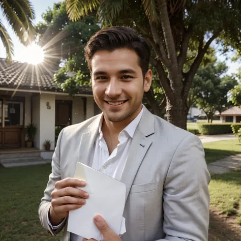 A 30 year old man, in a suit, smiling, giving a small white envelope containing money, under the bright sun 