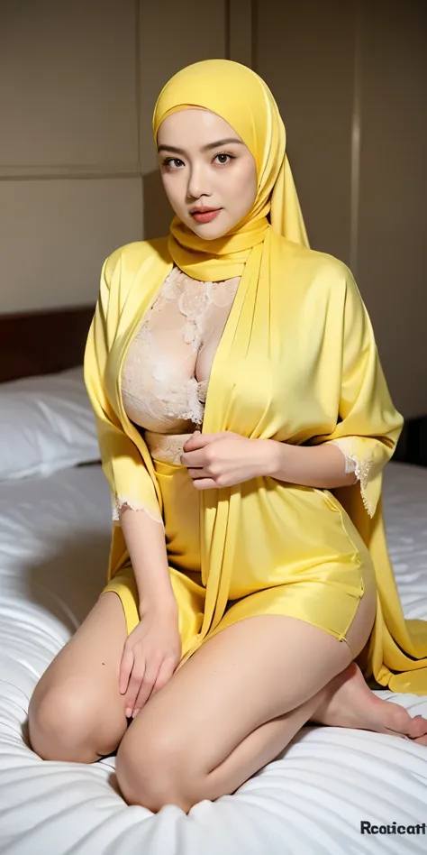 1 matured malay girl in hijab wear sexy wet yellow lace bra and panties kneeling, on the bed, nighttime, full body, close-up, se...