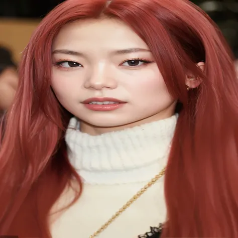 Un primer plano de una mujer con el pelo largo y rojo y un collar, jennie rosa negro, portrait of jossi de blackpink, Lalisa Manoban de Blackpink, parque roseanne de blackpink, jossi de blackpink, Lalisa Manobal, ella tiene el pelo largo y renaranjado, ter...