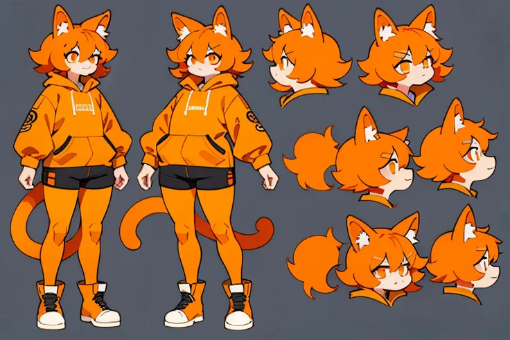 a girl (fat) with orange eyes and orange floofy hair, orange cat ears, wearing a orange hoodie and black shorts, cat tail, with ...