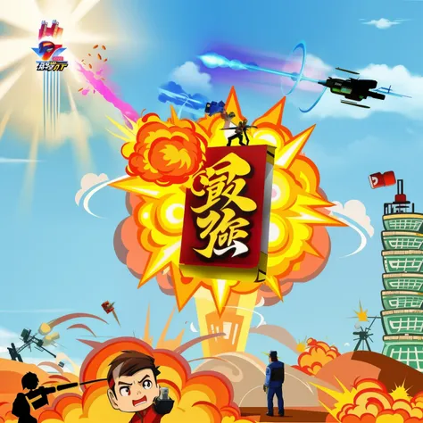 Cartoon of a man standing in front of a huge explosion, GTA Chinatown art style, Game promotional poster, propaganda artwork, game poster, official artwork, mobile game art, powerful explosion, missiles explosions in the sky, Illustration poster, game scre...