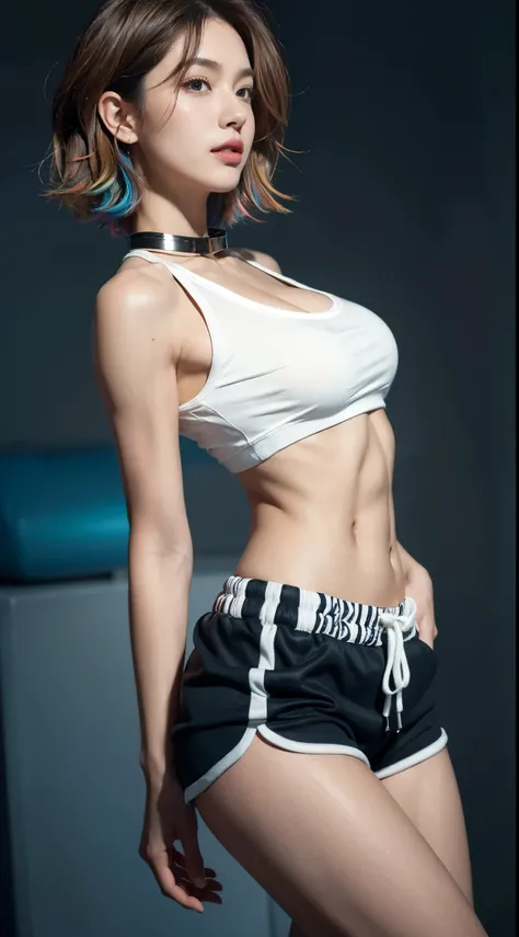 several girls, ((Big breasts, Tomboy, small head)), (cut abs: 1.1), (perfect body: 1.1), (short wavy hair: 1.2), auburn hair, collar, Lock, whole body, good result , Sweat, some femboys, some lids ((shorts)), (Highly detailed CG 8k wallpaper), (very delica...