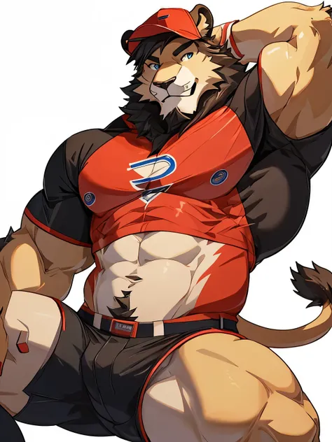 Lion, good looking, male, anthro, ultradetailed, muscular, solo, bareness, rippling muscles, muscles, simple background, white background, tail, smiling, lying, open legs, baseball uniform, furness, baseball cap,