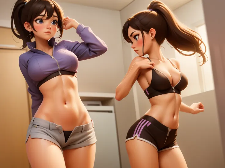 slim soft body, long brown hair with purple highlights, ponytail, blue eyes, blush, black eyeliner, unbuttoned, unzipped short shorts, sports bra, big breasts