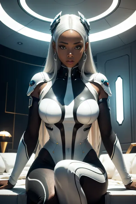 In the center of a modern and luxurious room, a stunning African woman gracefully sits, adorned in a bodysuit crafted with the utmost precision and elegance. The room exudes an ambiance of retrofuturism, with its white furniture exquisitely accented by sle...