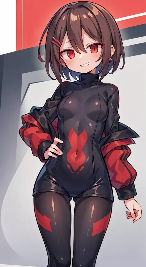 (masterpiece, sidelighting, finely detailed red eyes: 1.2), ((best quality)), ((masterpiece)), (highly detailed:1.3), anime, young girl, , childish body, bodytight shirt, turtleneck, open jacket with long sleeves, body tight shorts, pale skin, (shadowed ey...