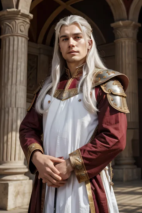 Picture a figure of regal stature, 20 years old young Prince, white hair, long hair, full white hairs, red dress, with armor, noble features of the ancient Valyrian bloodline, with sharp, angular contours and piercing violet eyes that seem to hold the wisd...