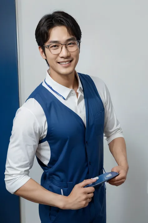 Korean actor Ryu Hae-jin, thumb forward, Upper body of a plumbing expert wearing a dark blue jumpsuit smiling with a bright smile, height 175cm, white wall background, advertising image, clean image, friendly image, commercial banner, corporate photo, Offi...