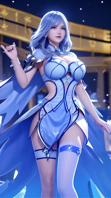 1 girl,aldult, cityscape, night,looking at the audience, blue eyes,short skirt,Medium-long gray hair, blue hair,cape, white pantyhose,snowflake, flowery, jewelry, gem,shining, thigh strap,huge 、huge breasts,4K screen,Dance,exposing her breasts、breasts on d...