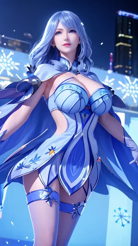 1 girl,aldult, cityscape, night,looking at the audience, blue eyes,short skirt,Medium-long gray hair, blue hair,cape, white pantyhose,snowflake, flowery, jewelry, gem,shining, thigh strap,huge 、huge breasts，4K screen，Dance，exposing her breasts、breasts on d...