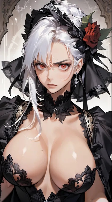 (best quality,high resolution:1.2),super detailed,actual:1.37,a sexy, Mature beautiful lady wearing black royal robe, Comes with lace lingerie, show her angry expression, Close-up of her breasts, white hair, red eyes, and exposed her underwear，huge breasts...