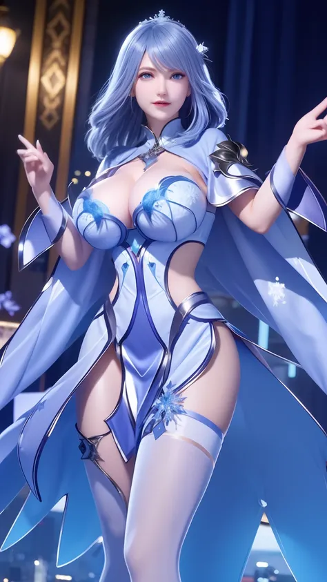 1 girl,aldult, cityscape, night,looking at the audience, blue eyes,short skirt,Medium-long gray hair, blue hair,cape, white pantyhose,snowflake, flowery, jewelry, gem,shining, thigh strap,huge 、huge breasts，4K screen，Dance，exposing her breasts、breasts on d...