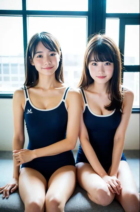 2 girls sitting in classroom near window,navy blue swimsuit with white trim,white knee-high socks,18-year-old,bangs,a little smile,thighs,knee up,straight hair with barrette,from below,front-light