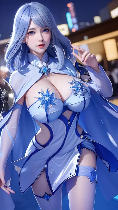 1 girl,aldult, cityscape, night,looking at the audience, blue eyes,short skirt,Medium-long gray hair, blue hair,cape, white pantyhose,snowflake, flowery, jewelry, gem,shining, thigh strap,huge 、huge breasts，4K screen，Dance，exposing her breasts、breasts on d...