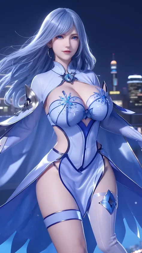 1 girl,aldult, cityscape, night,looking at the audience, blue eyes,short skirt,Medium-long gray hair, blue hair,cape, white pantyhose,snowflake, flowery, jewelry, gem,shining, thigh strap,huge 、huge breasts，4K screen，Dance，exposing her breasts、breasts on d...