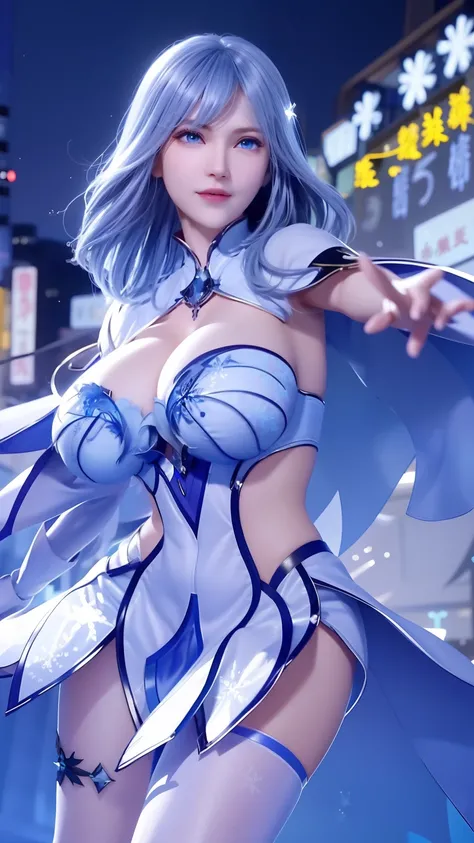 1 girl,aldult, cityscape, night,looking at the audience, blue eyes,short skirt,Medium-long gray hair, blue hair,cape, white pantyhose,snowflake, flowery, jewelry, gem,shining, thigh strap,huge 、huge breasts，4K screen，Dance，exposing her breasts、breasts on d...