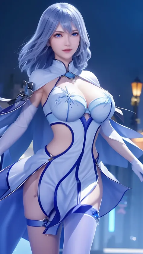 1 girl,aldult, cityscape, night,looking at the audience, blue eyes,short skirt,Medium-long gray hair, blue hair,cape, white pantyhose,snowflake, flowery, jewelry, gem,shining, thigh strap,huge 、huge breasts，4K screen，Dance，exposing her breasts、breasts on d...